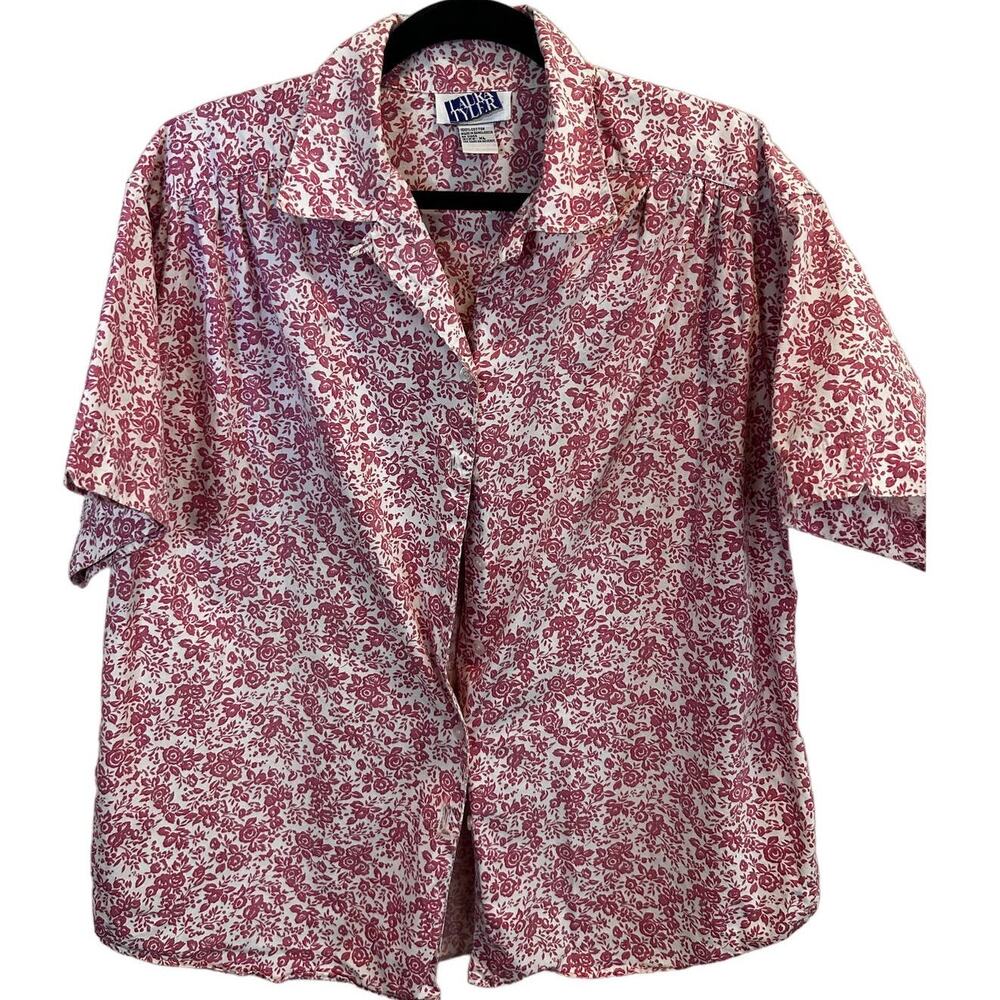Vintage Floral Red Short-Sleeve Button Up - Laura Tyler - Size 18/20
